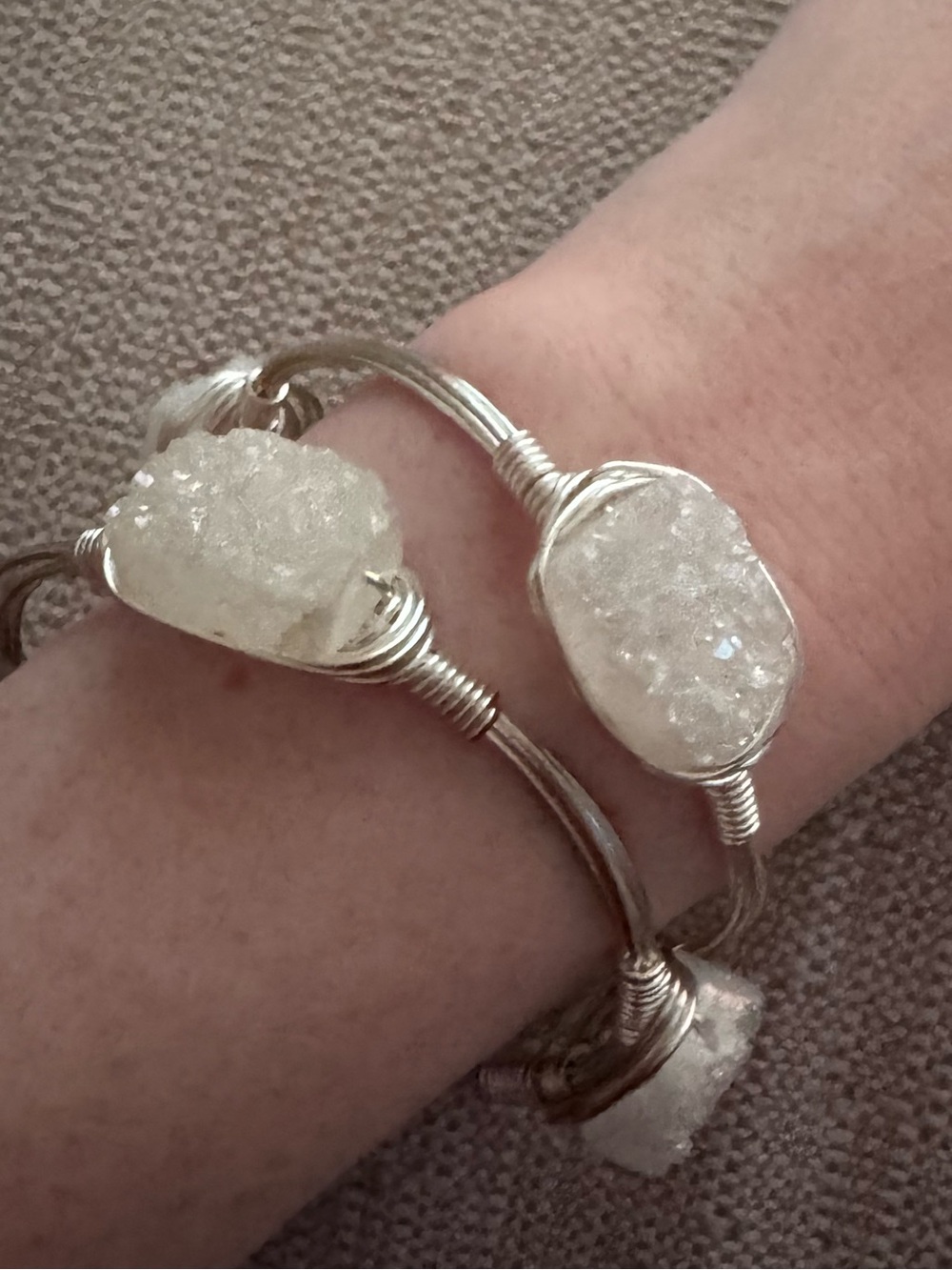 Silver Wire Druzy Bangle Bracelet - White Druzy Accent